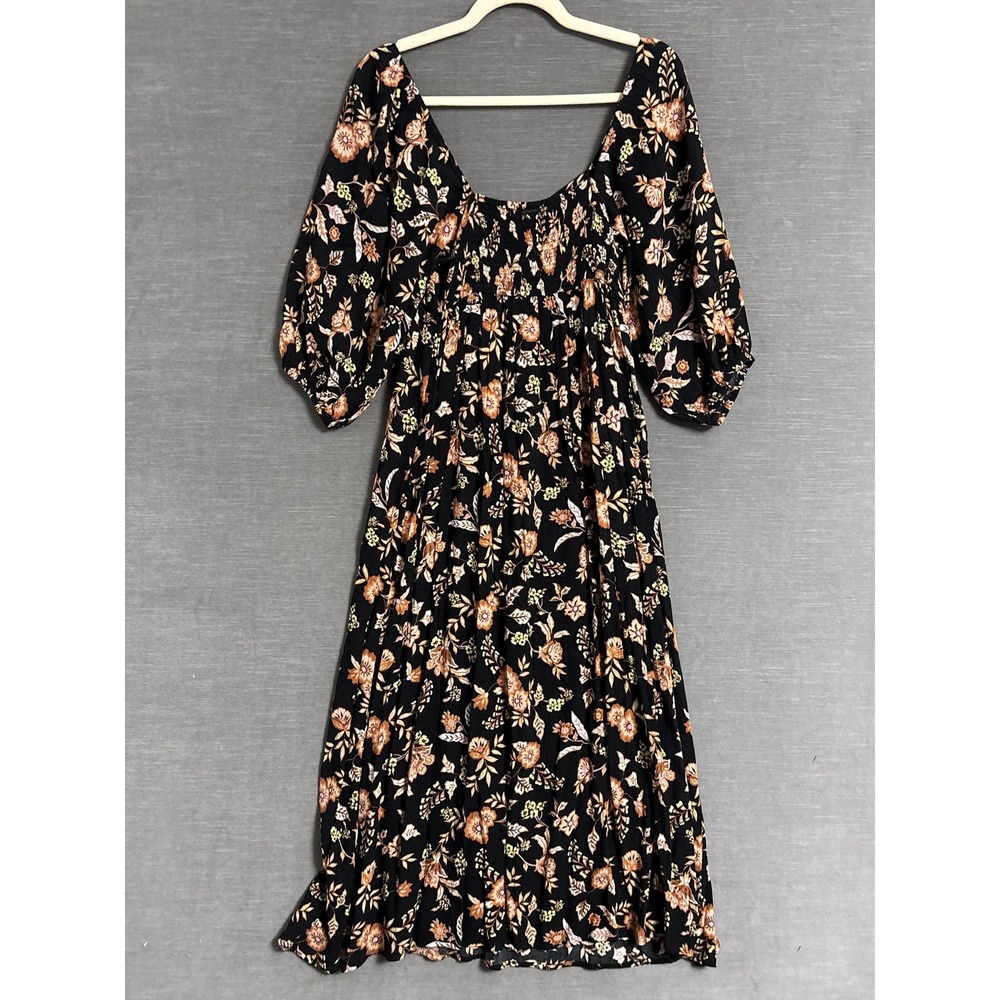 Billabong Dress M Black Floral‎ Smocked Puff Sleeve Midi Gauzy Boho Babydoll - Picture 2 of 10